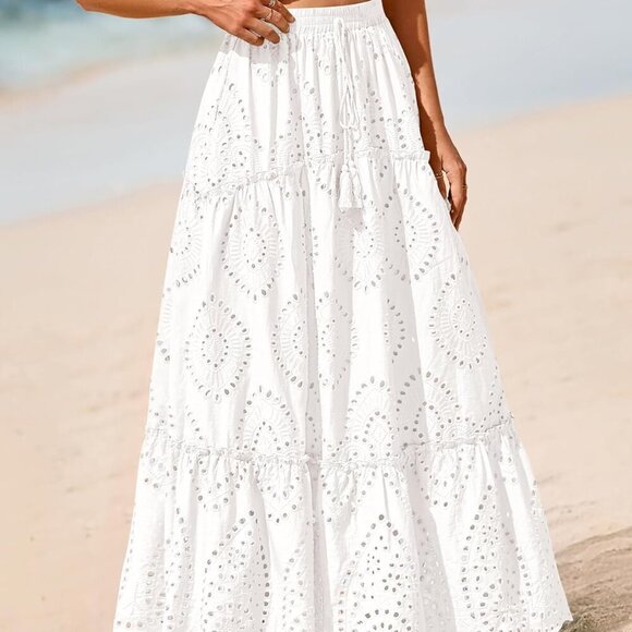 Women Boho Casual Skirts Summer 2025 Lace Embroidery Eyelet Elastic Waist Flowy - Picture 5 of 8